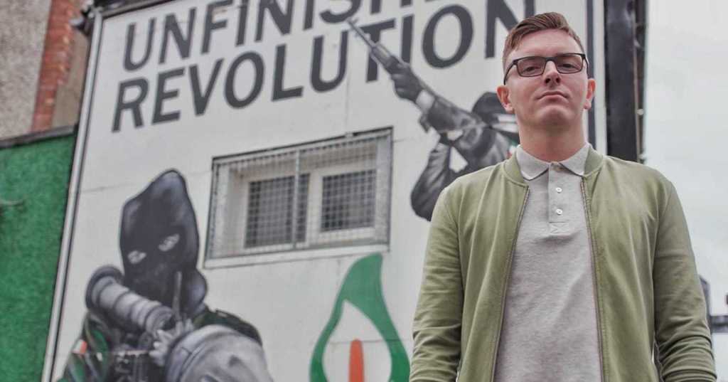 Paddy Gallagher, 27, national press officer for Saoradh, outside the upstart party's headquarters in Derry, Ireland.