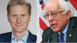 A splitscreen of Bernie Sanders and Bastiaan van Apeldoorn