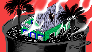 An illustration of two people sitting on a New Orleans house being boiled in a giant pot.