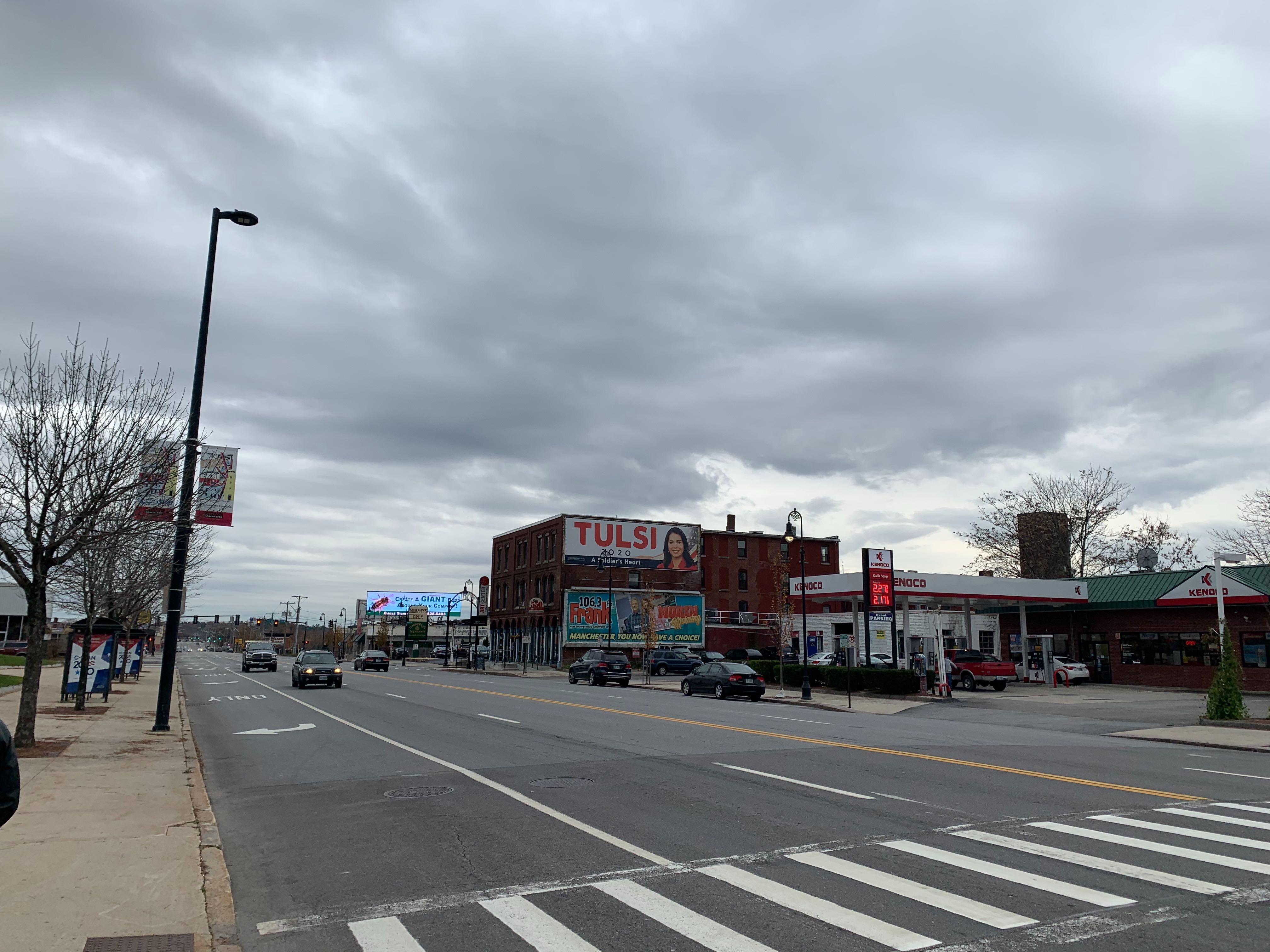 A Tulsi Gabbard campaign billboard in downtown Manchester, New Hampshire