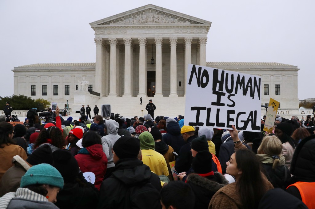 Hundreds of people gather outside the U.S. Supreme Court to rally in support of the Deferred Action on Childhood Arrivals program as the court hears arguments about DACA November 12, 2019 in Washington, DC.