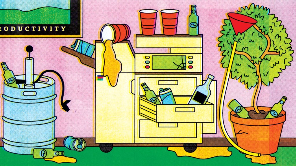 Illustration of workplace copy machine surrounded by empty Solo cups, a beer keg, liquor bottles, and a beer bong