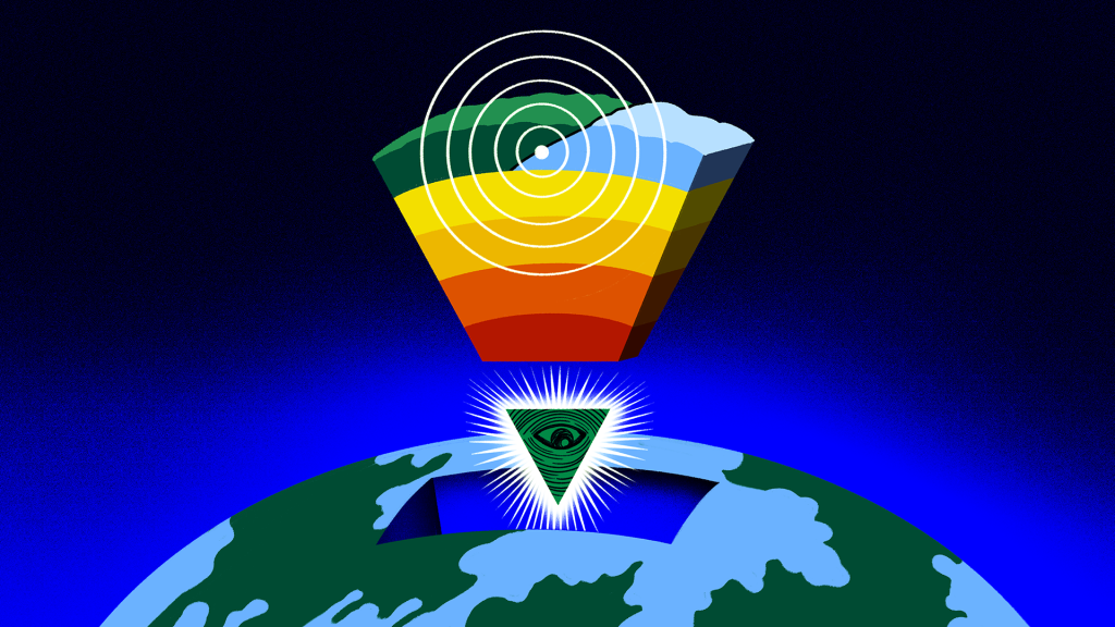 Chunk of earth cutaway based on scientific diagrams of earth core and tectonic plates with the glowing eye of providence as the tip.