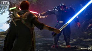 Screencap from Star Wars Jedi: Fallen Order, Cal Kestis draws his blue lightsaber, in front of him a a large alien wearing an all black Empire uniform and wielding a red lightsaber