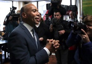 Democratic presidential candidate former Massachusetts Gov. Deval Patrick campaigns Thursday, Nov. 14, 2019, at The Bridge Cafe in Manchester, N.H. (AP Photo/Charles Krupa)