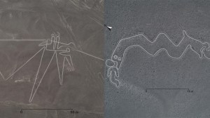 Two newly discovered geoglyphs in the Nazca region. Image: ​Yamagata University/IBM Japan