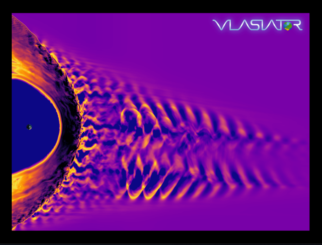 ​Simulation of solar energy hitting Earth's bow shock. Image: Vlasiator team, University of Helsinki