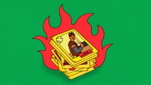 A drawing of a pile of burning baseball cards