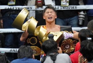 Naoya Inoue of Japan lifts the trophy after beating Nonito Donaire of the Philippines after the WBSS Bantamweight Final at Saitama Super Arena on November 7, 2019 in Saitama, Japan. (Photo by The Asahi Shimbun via Getty Images)