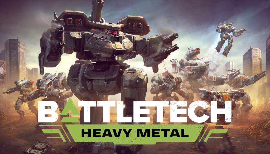 BattleTech Heavy Metal Key Art. Large Mechs are moving through a dusty environment, a city skyline behind them.