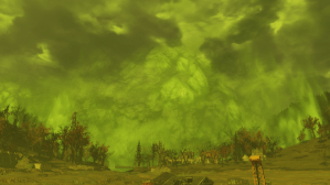 A radstorm in Fallout, with toxic green clouds blotting out the sky.