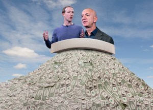 Facebook CEO Mark Zuckerberg and Amazon CEO Jeff Bezos sitting on top of a pile of money they shielded from taxes by using havens and shell companies.