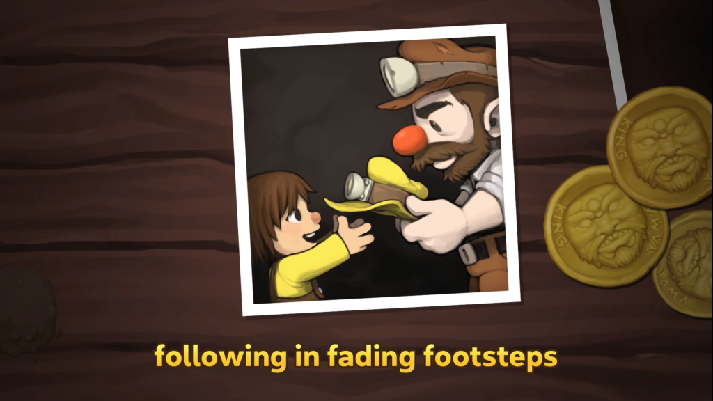 Screenshot from Spelunky 2 trailer, an illustration of a photograph and a few gold coins on a wooden surface. The photo depicts the protagonist of Spelunky giving a hat with a headlamp on it to his daughter.