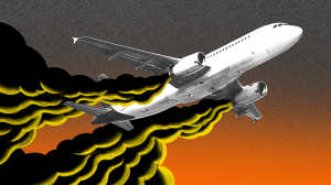 An illustration of a plane spewing smoke as it flies.