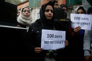 Kashmiri journalists hold placards and protest against 100 days of internet blockade in the region in Srinagar, Indian controlled Kashmir, Tuesday, Nov. 12, 2019. Internet services have been cut since Aug. 5 when Indian-controlled Kashmir's semi-autonomou