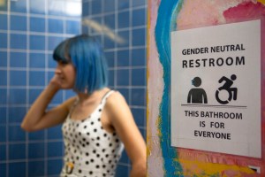 A non-binary femme in a gender neutral bathroom (1)