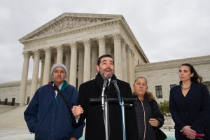 Attorney Cristobal Galindo, second from left, speaks accompanied by Jesus Hernandez, left, and Maria Guereca, and attorney Marion Reilly after oral arguments in front of the Supreme Court, Tuesday, Nov. 12, 2019 in Washington.