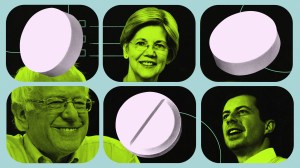 A collage of 2020 Democratic candidates Bernie Sanders, Elizabeth Warren, and Pete Buttigieg alongside abortion pills