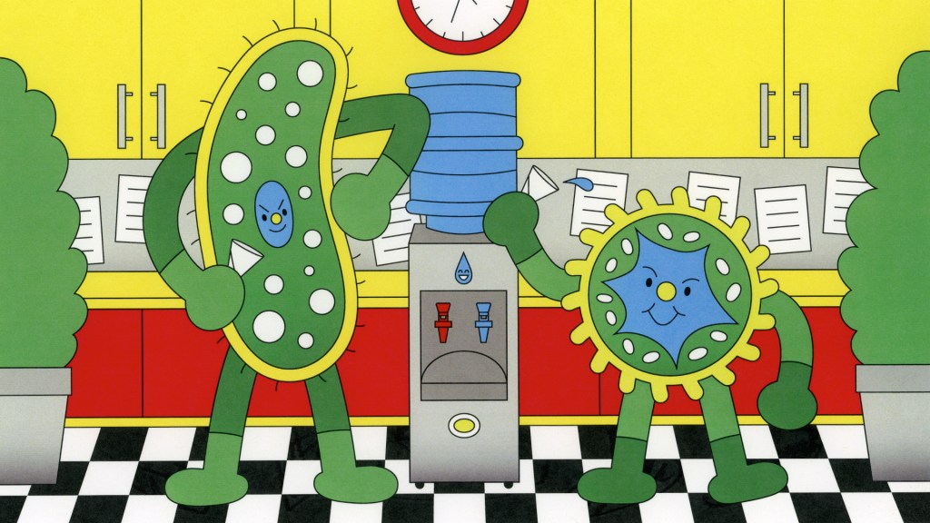 Illustration of two germ cells with faces and arms and legs standing at office water color