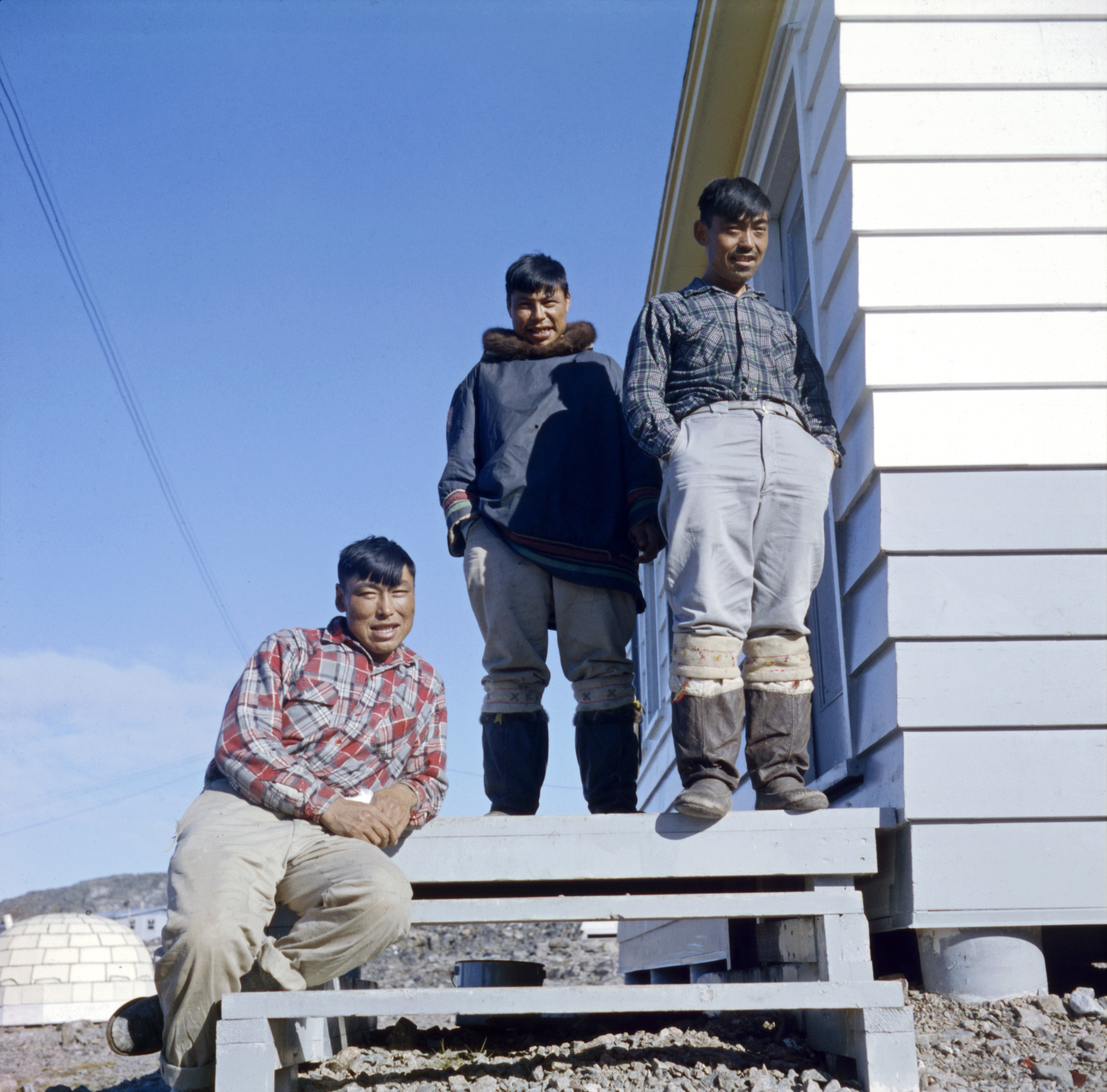 1. Artists (left to right): Eegyvudluk Pootoogook, Iyola Kingwatsiak and Lukta Qiatsuk (Inuit), Cape Dorset, c. 1960. (Rosemary Eaton) © Libraries and Archives Canada