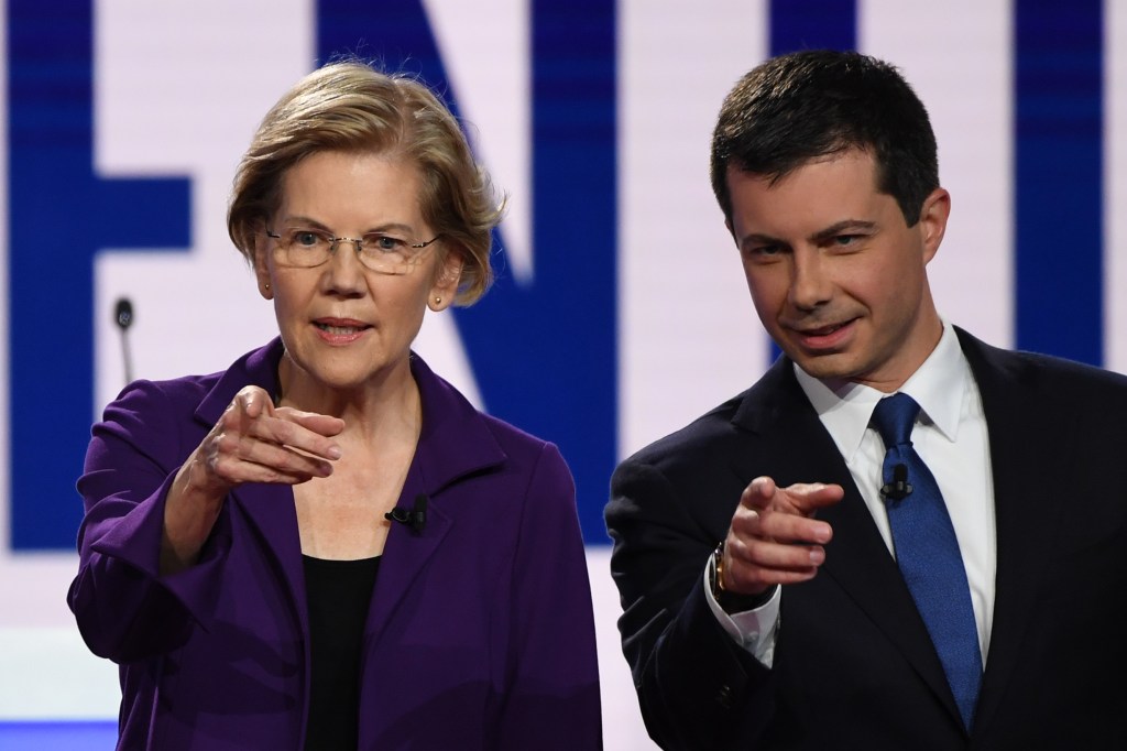 Elizabeth Warren and Pete Buttigieg pointing at the viewer.