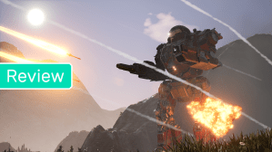 Austin Walker's review of MechWarrior 5, the header image showing a mech taking rocket fire as an explosion blossoms on its leg.