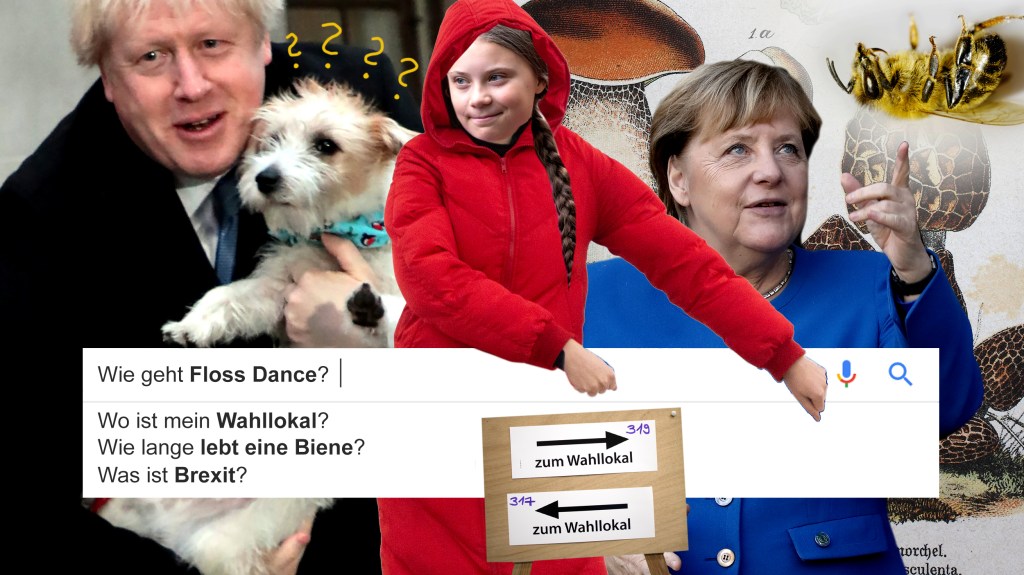 Eine Collage zeigt Boris Johnson, Angela Merkel, Greta Thunberg, eine Biene, Pilze und ein Google-Suchfenster