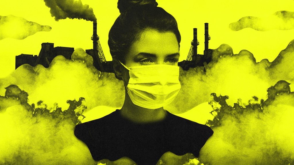 A collage of a woman in an air mask surrounded by smoke.