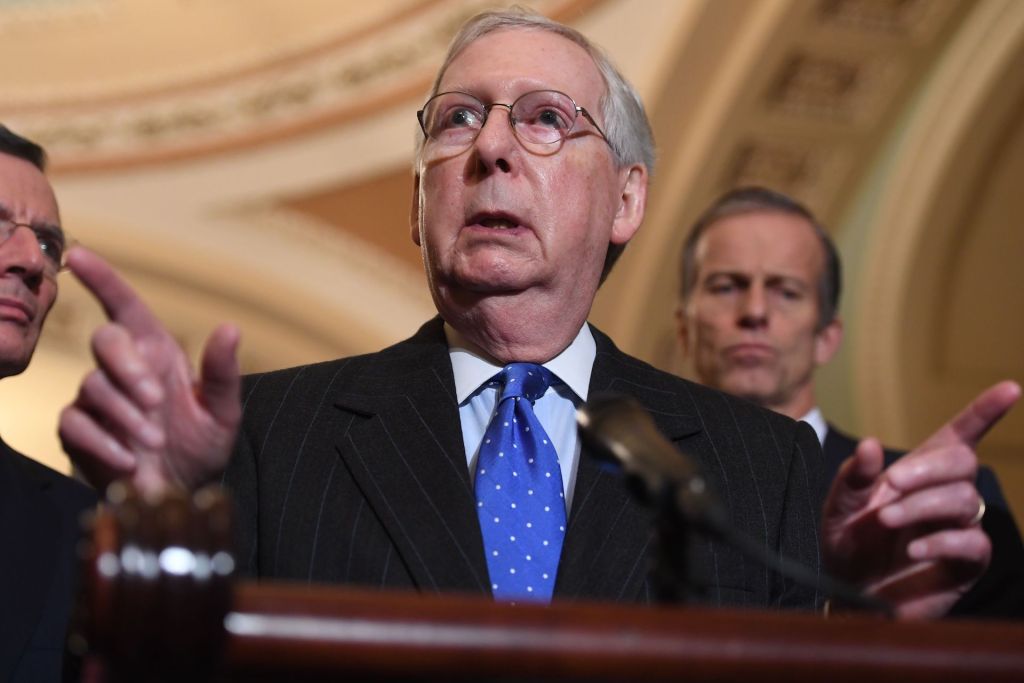 US Senate Majority Leader Mitch McConnell speaks during a press conference at the US Capitol in Washington, DC, December 10, 2019.