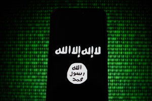 In this photo illustration, the Islamic State flag is seen displayed on an Android mobile phone.