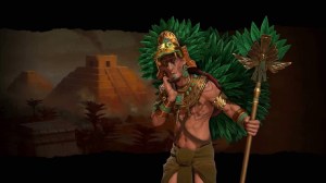 Montezuma looks concerned on front of an Aztec temple, an image and portrayal which owes a lot to colonial portrayal of cultures in what they called South America