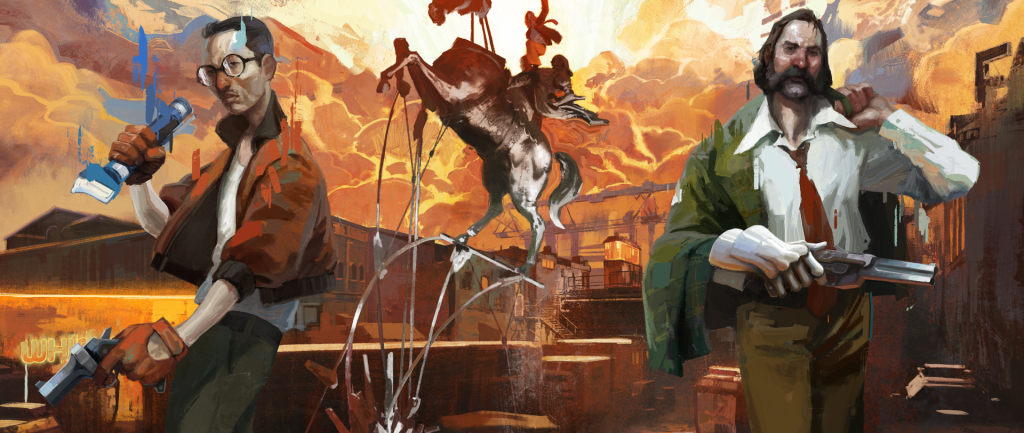 Key Art from Disco Elysium- two men with light complexions and dark hair frame a central statue of a horse that's missing its head. on the left, the man is wearing glasses and an orange jacked, on the right the other man is wearing a white shirt, red tie,