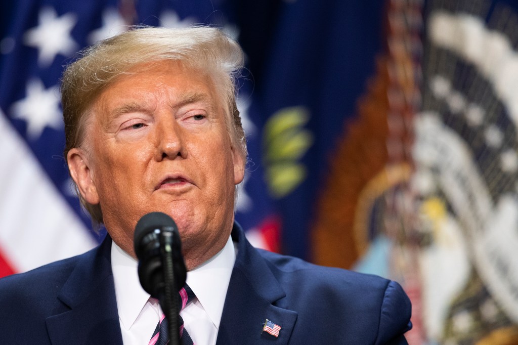 President Donald Trump speaks during a summit on transforming mental health treatment to combat homelessness, violence, and substance abuse, at the he Eisenhower Executive Office Building on the White House complex in Washington