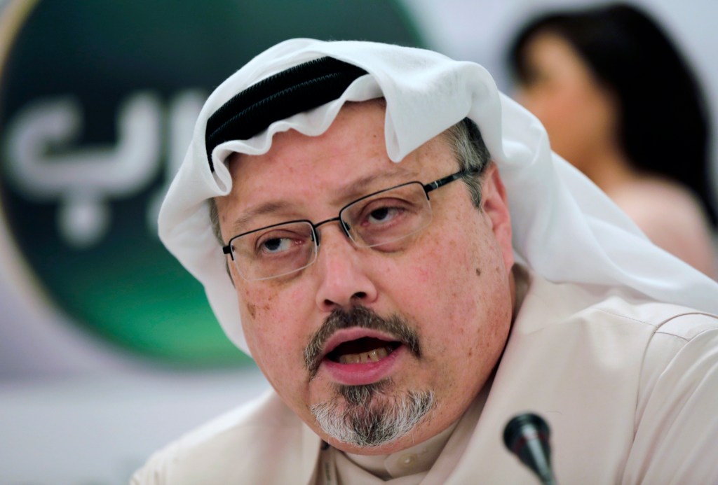 In this Dec. 15, 2014 file photo, Saudi journalist Jamal Khashoggi speaks during a press conference in Manama, Bahrain