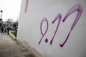 Anti-semitic graffiti in the form of a 9/11 sprayed onto the outside of the South Hampstead Synagogue in North London on Sunday December 29, 2019.