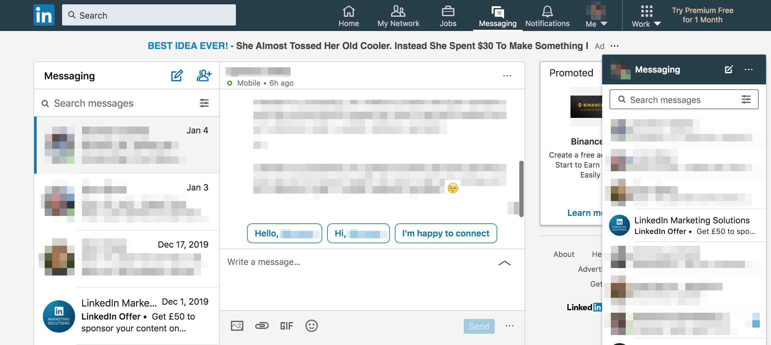 LinkedIn message interface