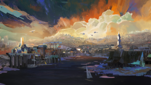 Key art from Disco Elysium, the skyline of Martinaise