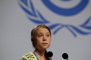 Swedish climate activist Greta Thunberg addresses a plenary of U.N. climate conference at the COP25 summit in Madrid