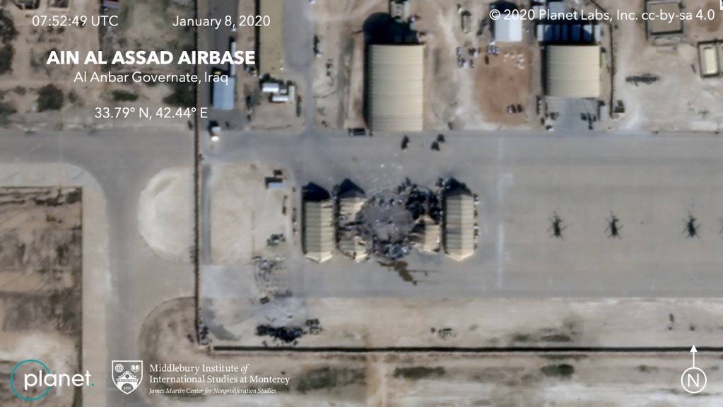 Satellite photographs from the private company Planet appear to show highly precise Iranian missile strikes against buildings in the Ain Assad air base in Iraq on Jan. 8, 2020.​