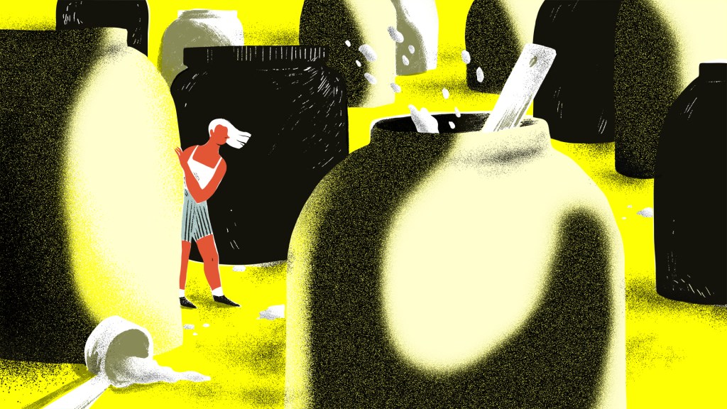 illustration of a woman peering through a forest of protein powder jars