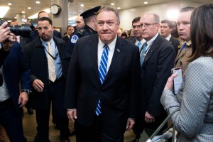 Secretary of State Mike Pompeo leaves the Capitol after a briefing with Senators on the latest developments on Iranian airstrikes in Iraq on Wednesday, January 8, 2020.