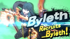 Byleth's recruitment splash image. Byleth, the main character from Fire Emblem: Three Houses, wields a glowing sword while a lance, axe, and bow float around her. In front is the text "Byleth Recruits ...Byleth!"