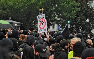 Antifa in solidarity with Anti Racist activists from DC Disrupt Unite the Right and shut down portions of downtown Washington, DC on August 12, 2018. The rally, being held in Lafayette Park near White House, marks the one-year anniversary of the Charlotte