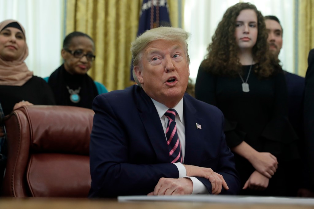 President Donald Trump speaks during an event on prayer in public schools, in the Oval Office of the White House