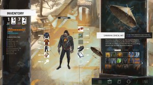 Screenshot from Disco Elysium, The character equipment screen shows your character in the center, with the various items he is wearing as different equipment slots. On a sidebar to the left, you can see the various stat changes these clothes give you.