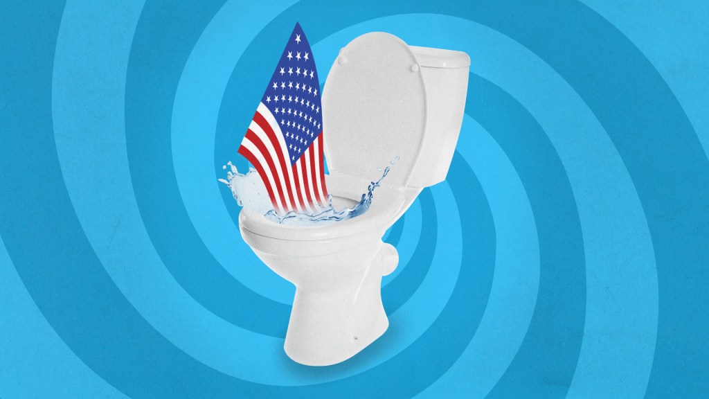 A collage of an American flag being flushed down the toilet.