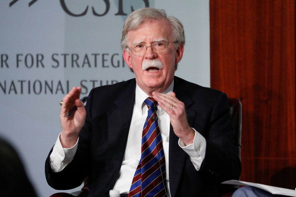 Former National security adviser John Bolton gestures while speakings at the Center for Strategic and International Studies in Washington