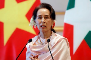 Myanmar's leader Aung San Suu Kyi speaks during a joint press conference with Vietnam's Prime Minister Nguyen Xuan Phuc after their meeting at the Presidential Palace in Naypyitaw, Myanmar