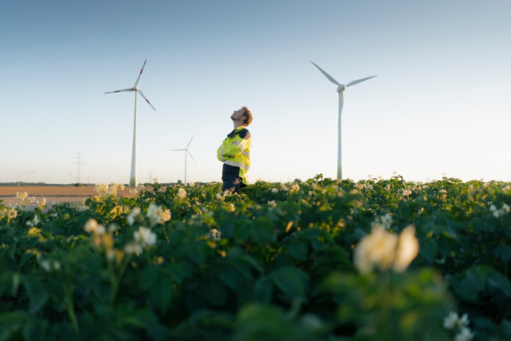 A man stands in a field with wind power vanes behind him.