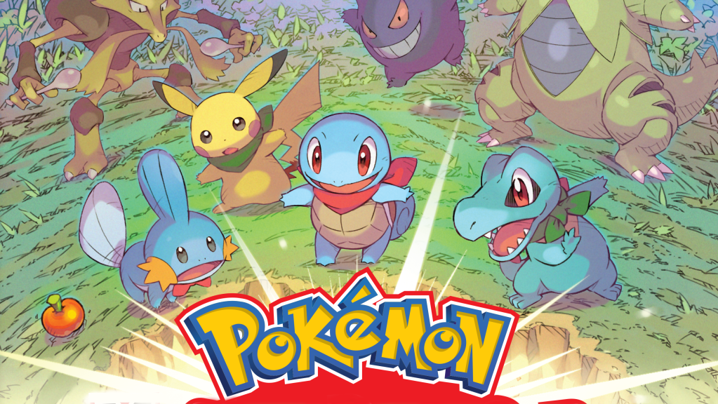 Box Art from Pokémon Mystery Dungeon Rescue Team DX. Mudkip, Pikachu, Squirtle, and Totodile look surprised at the appearance of the word "Pokémon" at the bottom of the image. Alakazam, Gengar, and Tyranitar look on from the background.